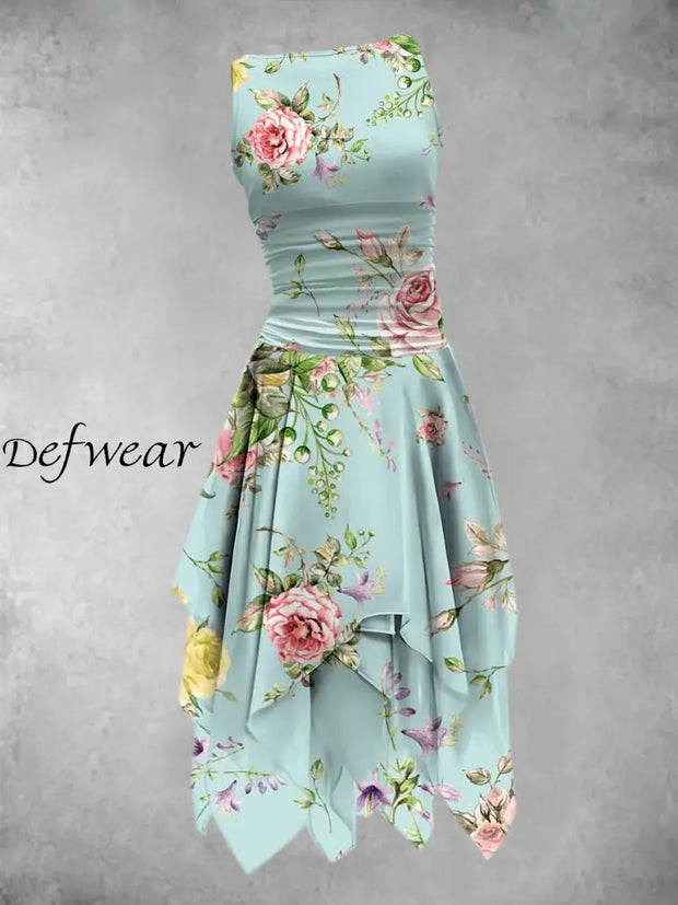 Vintage Floral Art Print Casual Fashion Sleeveless Midi Dress A / S