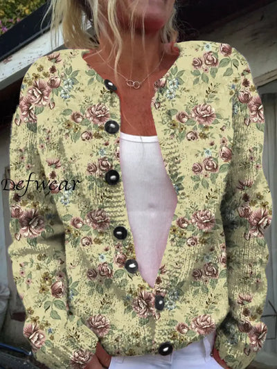 Vintage Floral Art Print Chic Button Autumn And Winter Cardigan Sweater A / S