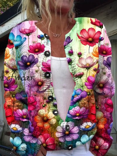 Vintage Floral Art Print Chic Button Autumn And Winter Cardigan Sweater A / S