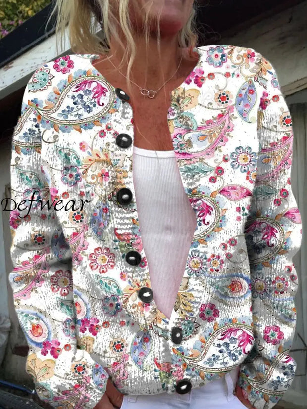 Vintage Floral Art Print Chic Button Autumn And Winter Cardigan Sweater A / S