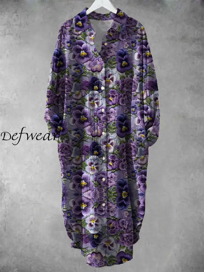 Vintage Floral Art Print Chic Long Sleeve Casual V-Neck Button Loose Shirt Dress A / S