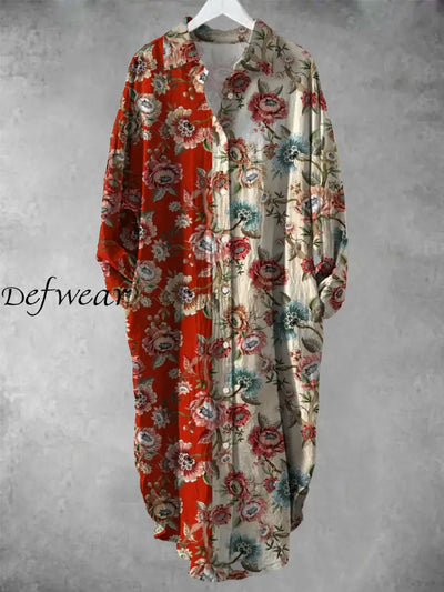 Vintage Floral Art Print Chic Long Sleeve Casual V-Neck Button Loose Shirt Dress A / S