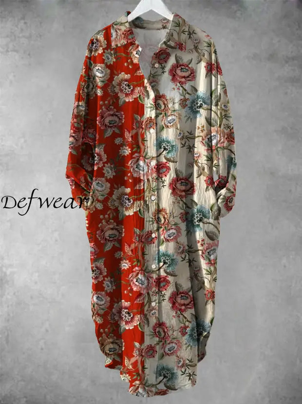 Vintage Floral Art Print Chic Long Sleeve Casual V-Neck Button Loose Shirt Dress A / S