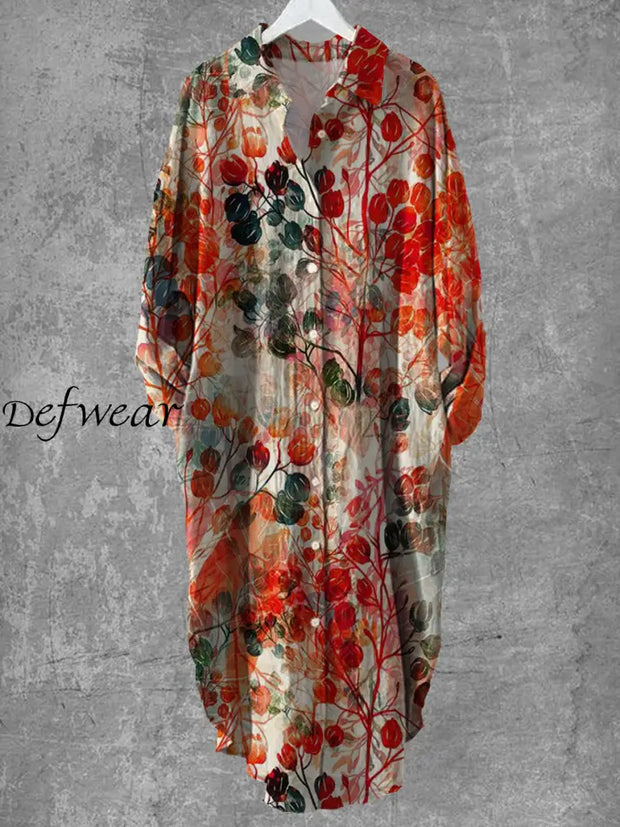 Vintage Floral Art Print Chic Long Sleeve Casual V Neck Button Loose Shirt Dress A / S