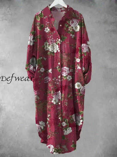 Vintage Floral Art Print Chic Long Sleeve Casual V-Neck Button Loose Shirt Dress A / S