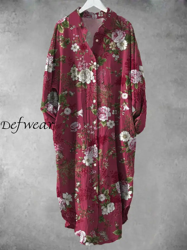 Vintage Floral Art Print Chic Long Sleeve Casual V-Neck Button Loose Shirt Dress A / S