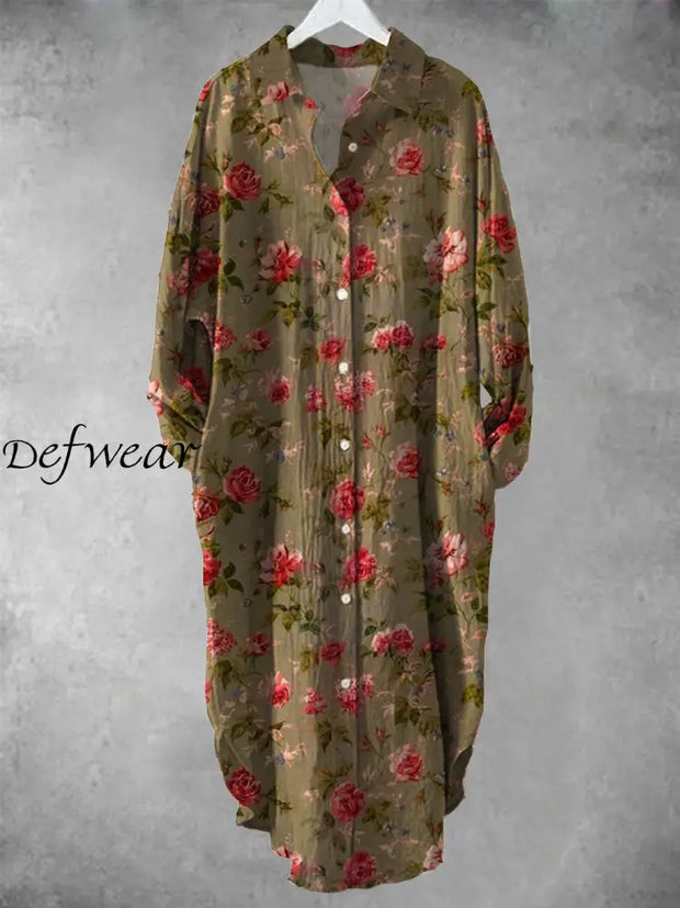 Vintage Floral Art Print Chic Long Sleeve Casual V-Neck Button Loose Shirt Dress A / S