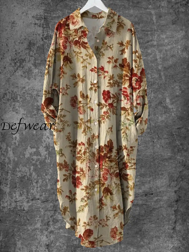 Vintage Floral Art Print Chic Long Sleeve Casual V Neck Button Loose Shirt Dress A / S