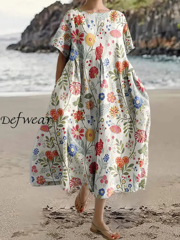 Vintage Floral Art Print Chic Round Neck Short Sleeve Elegant Midi Dress A / S