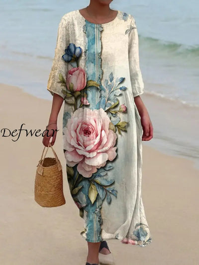 Vintage Floral Art Print Chic Round Neck Three-Quarter Sleeve Elegant Mid-Length Dress A / S