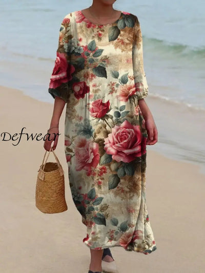 Vintage Floral Art Print Chic Round Neck Three-Quarter Sleeve Elegant Mid-Length Dress A / S