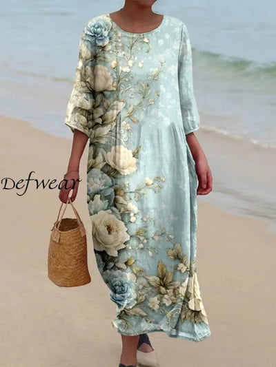 Vintage Floral Art Print Chic Round Neck Three-Quarter Sleeve Elegant Mid-Length Dress A / S