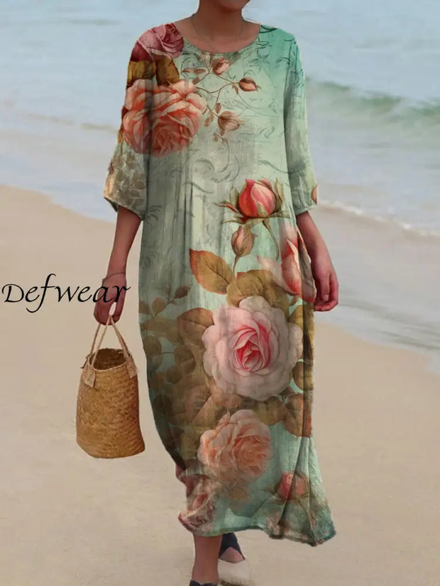 Vintage Floral Art Print Chic Round Neck Three-Quarter Sleeve Elegant Mid-Length Dress A / S