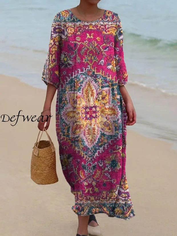 Vintage Floral Art Print Chic Round Neck Three-Quarter Sleeve Elegant Mid-Length Dress A / S