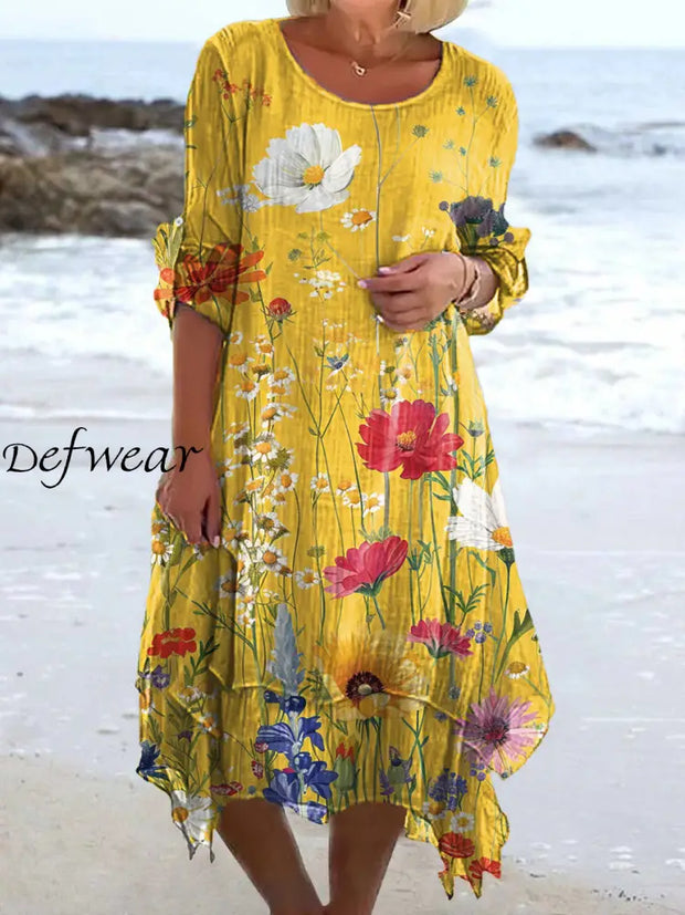 Vintage Floral Art Print Chic Three-Quarter Sleeve Round Neck Elegant Midi Dress A / S