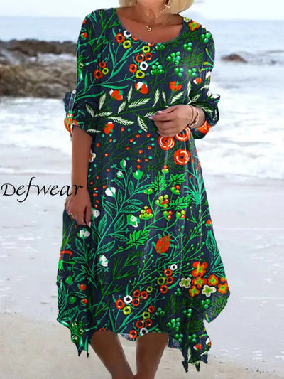 Vintage Floral Art Print Chic Three-Quarter Sleeve Round Neck Elegant Midi Dress A / S