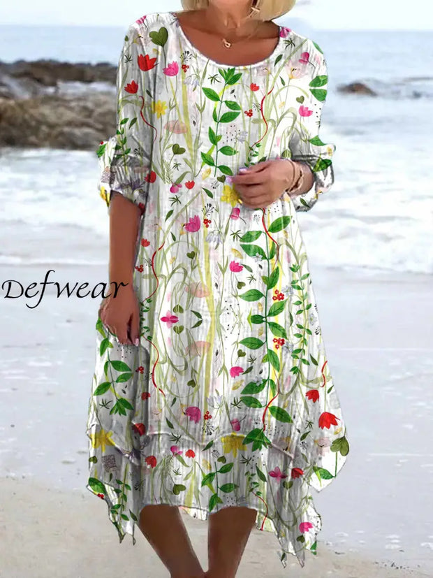 Vintage Floral Art Print Chic Three-Quarter Sleeve Round Neck Elegant Midi Dress A / S