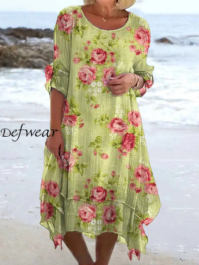 Vintage Floral Art Print Chic Three Quarter Sleeve Round Neck Elegant Midi Dress A / S