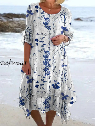 Vintage Floral Art Print Chic Three Quarter Sleeve Round Neck Elegant Midi Dress A / S