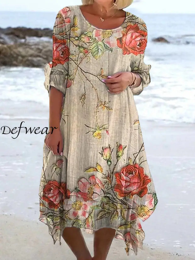 Vintage Floral Art Print Chic Three Quarter Sleeve Round Neck Elegant Midi Dress A / S