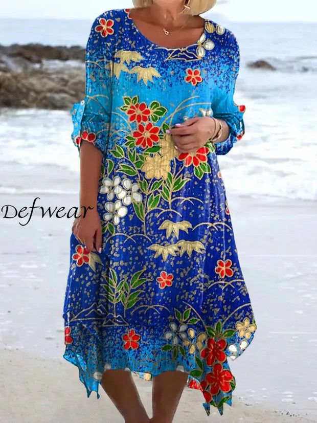 Vintage Floral Art Print Chic Three-Quarter Sleeve Round Neck Elegant Midi Dress A / S