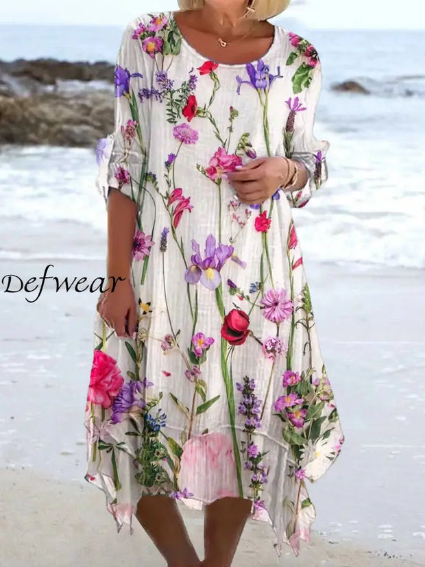 Vintage Floral Art Print Chic Three Quarter Sleeve Round Neck Elegant Midi Dress A / S