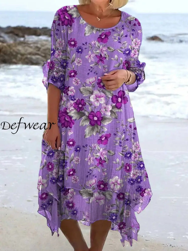 Vintage Floral Art Print Chic Three Quarter Sleeve Round Neck Elegant Midi Dress A / S