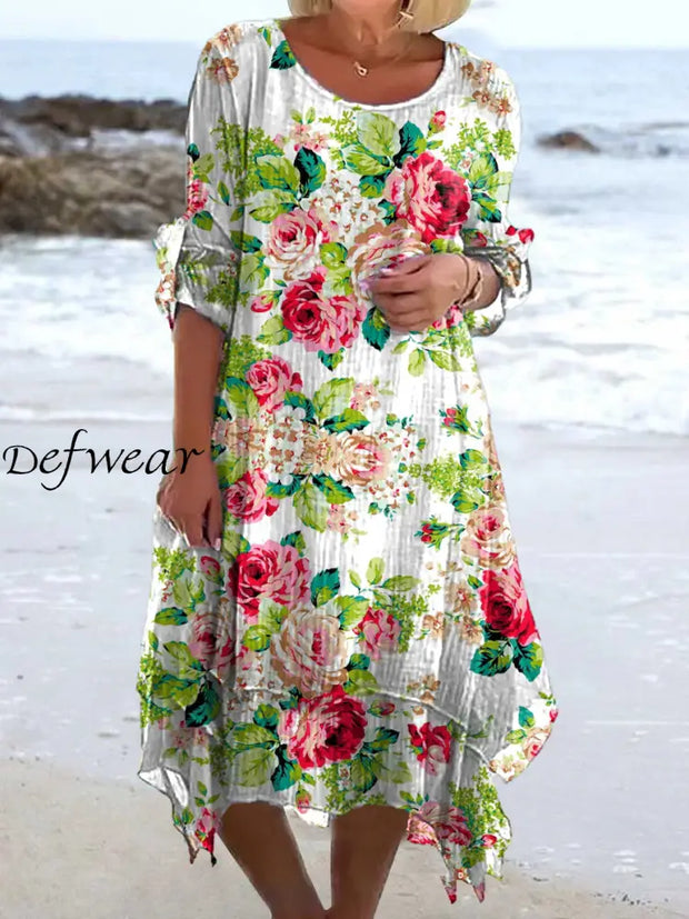 Vintage Floral Art Print Chic Three-Quarter Sleeves Round Neck Elegant Midi Dress A / S