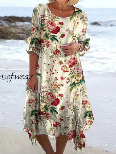 Vintage Floral Art Print Chic Three-Quarter Sleeves Round Neck Elegant Midi Dress A / S