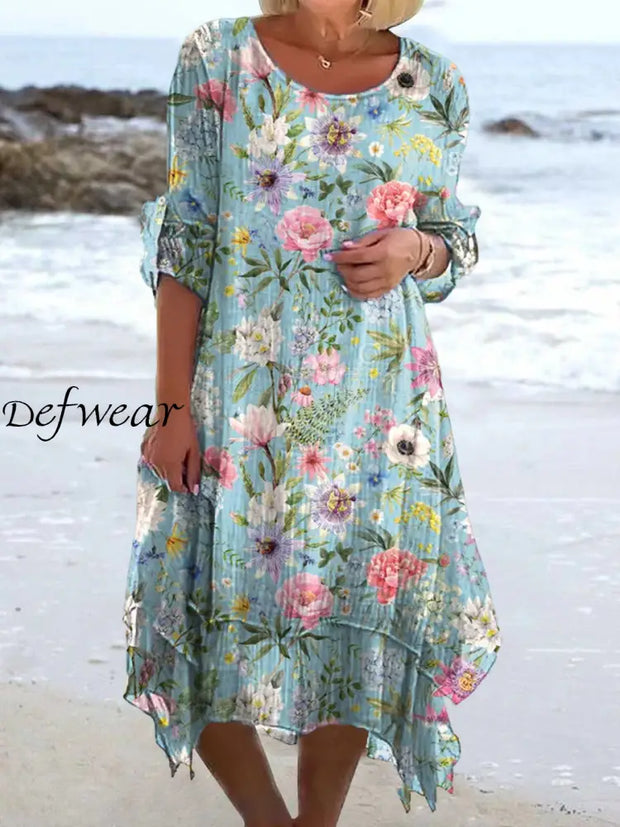 Vintage Floral Art Print Chic Three-Quarter Sleeves Round Neck Elegant Midi Dress A / S