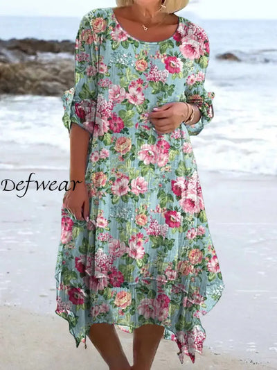 Vintage Floral Art Print Chic Three-Quarter Sleeves Round Neck Elegant Midi Dress A / S