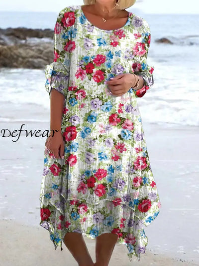 Vintage Floral Art Print Chic Three-Quarter Sleeves Round Neck Elegant Midi Dress A / S