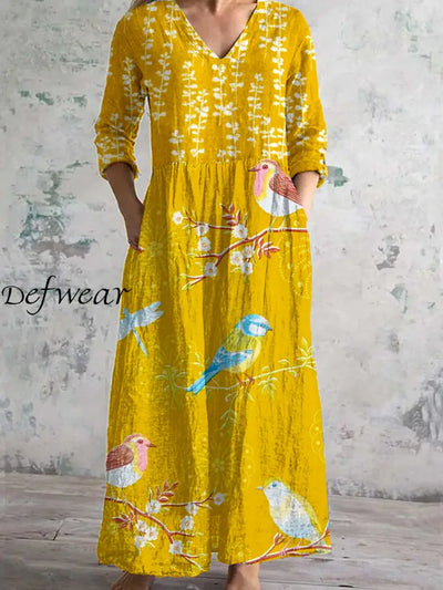 Vintage Floral Art Print Chic V Neck 3/4 Sleeve Elegant Midi Dress A / S