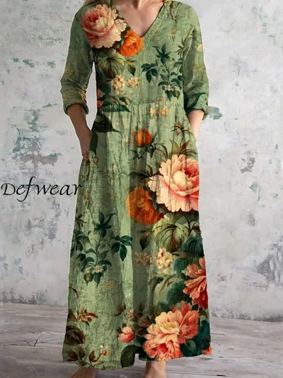 Vintage Floral Art Print Chic V Neck 3/4 Sleeve Elegant Midi Dress A / S