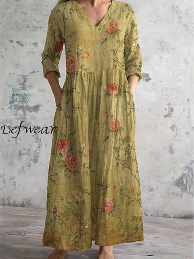 Vintage Floral Art Print Chic V Neck Elegant Midi Dress With Three Quarter Sleeves A / S