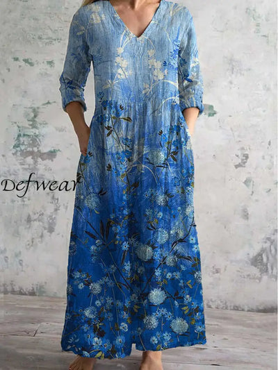 Vintage Floral Art Print Chic V Neck Elegant Midi Dress With Three Quarter Sleeves A / S