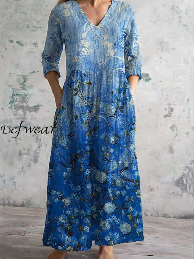 Vintage Floral Art Print Chic V Neck Elegant Midi Dress With Three Quarter Sleeves A / S