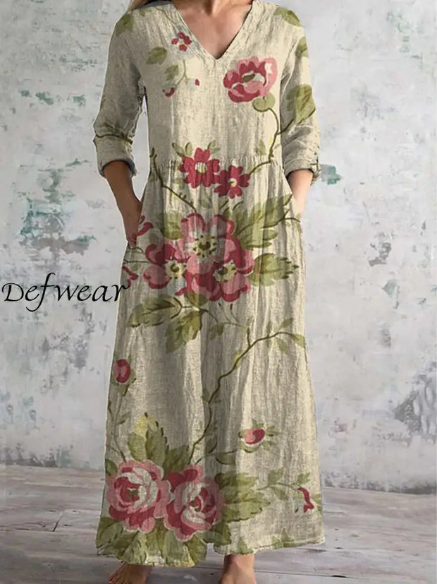 Vintage Floral Art Print Chic V Neck Elegant Midi Dress With Three Quarter Sleeves A / S