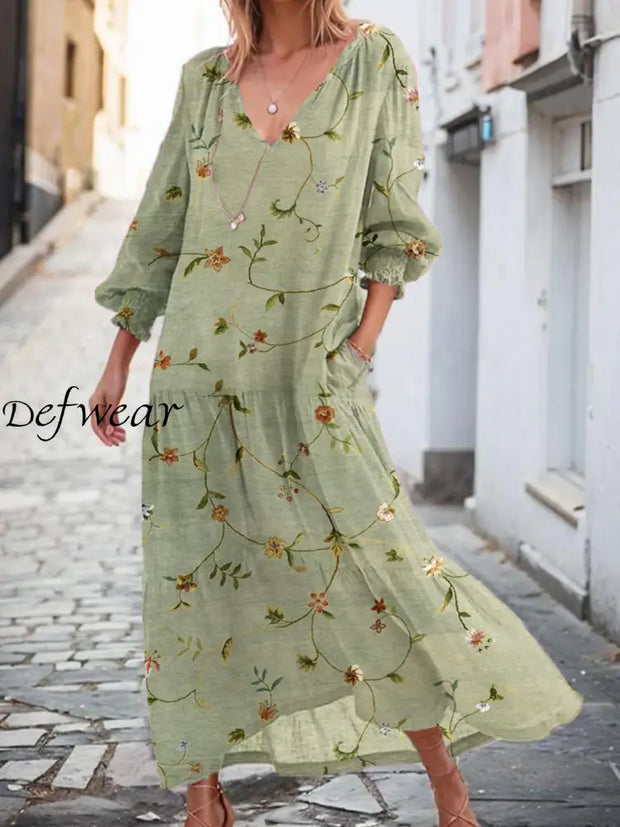 Vintage Floral Art Print Chic V-Neck Long Sleeve Elegant Flowing Dress A / S