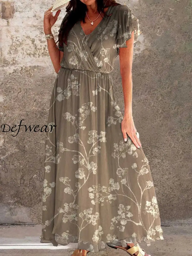 Vintage Floral Art Print Chic V-Neck Short Sleeve Elegant Long Dress A / S