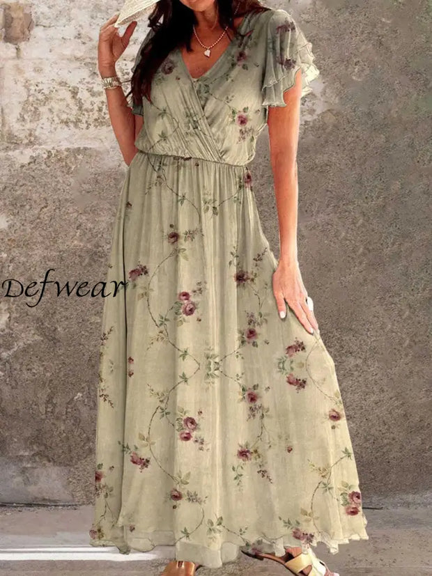 Vintage Floral Art Print Chic V-Neck Short Sleeve Elegant Long Dress A / S