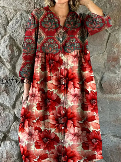 Vintage Floral Art Print Chic V Neck Three Quarter Sleeve Button Elegant Midi Dress A / S