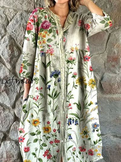 Vintage Floral Art Print Chic V Neck Three Quarter Sleeve Button Elegant Midi Dress A / S