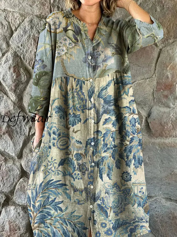 Vintage Floral Art Print Chic V Neck Three Quarter Sleeve Button Elegant Midi Dress A / S