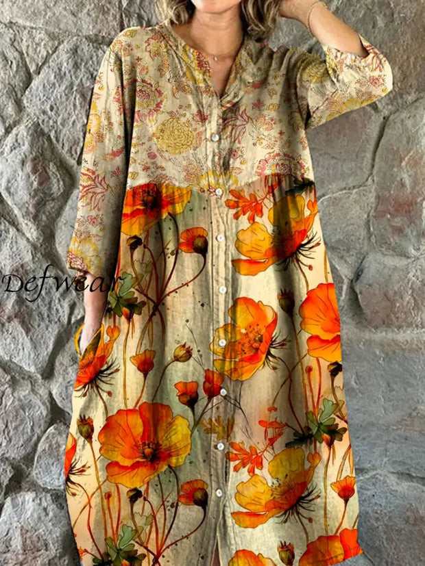 Vintage Floral Art Print Chic V-Neck Three-Quarter Sleeve Button Elegant Midi Dress A / S