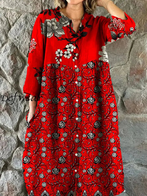 Vintage Floral Art Print Chic V-Neck Three-Quarter Sleeve Button Elegant Midi Dress A / S