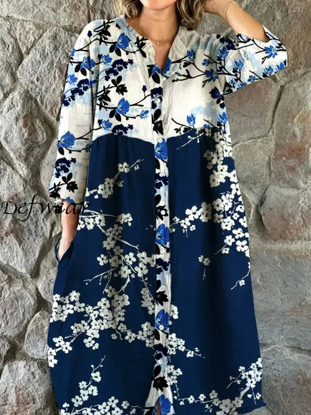 Vintage Floral Art Print Chic V-Neck Three-Quarter Sleeve Button Elegant Midi Dress A / S