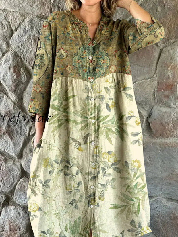 Vintage Floral Art Print Chic V Neck Three Quarter Sleeve Button Elegant Midi Dress A / S