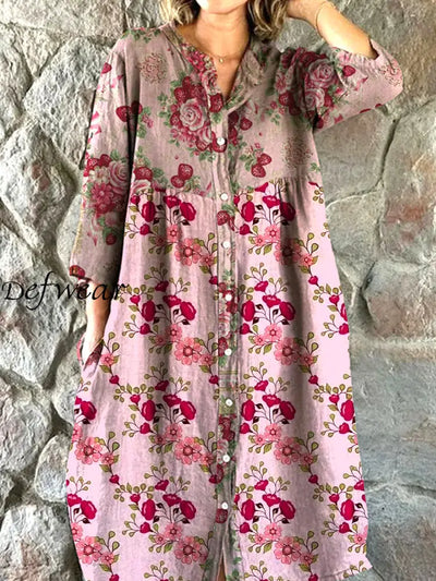 Vintage Floral Art Print Chic V Neck Three Quarter Sleeve Button Elegant Midi Dress A / S