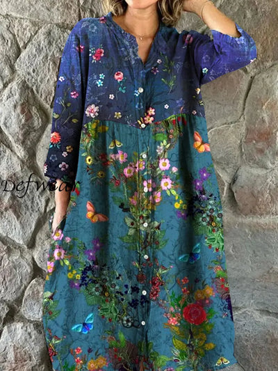 Vintage Floral Art Print Chic V-Neck Three-Quarter Sleeve Button Elegant Midi Dress A / S